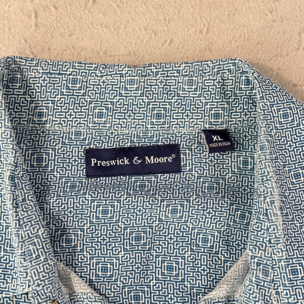 Preswick & Moore Men XL Blue Geometric Print Rayon Button Down Shirt - Picture 3 of 9